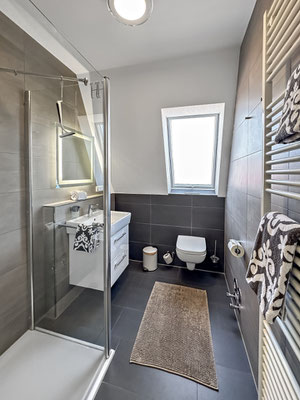 Das moderne, helle Badezimmer mit verglaster Dusche, Badheizkörper, Waschbecken und Toilette im Penthouse Dünenweg 37.