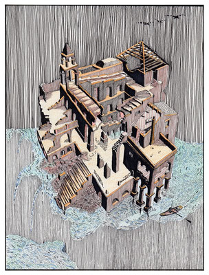010 - 1985 - Ruine van Escher (1985) - tekening op 280 grams Teken papier - H 39,0 x 29,0 cm - gemengde technieken