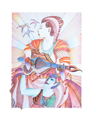 005 - 1987 - De nar en de muzikante (1987) - tekening op 220 gramspapier - H 60,0 X B 49,0 cm - gemengde technieke