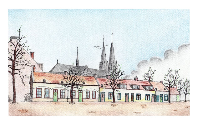 009 - 2009 - Begijnenhof Eindhoven omstreeks de jaren zestig (2009) tekening op 300 grams aquarelpapier - H 30 x B 40 cm - Inkt pastel en aquarelpotlood