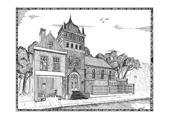 001 - 2010 - Joodse Synagoge Eindhoven (II) omstreeks 1930 (2010) - pentekening op 400 grams Acrylpapier - H 30,0 x B 40 cm - zwarte ink