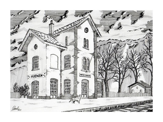 007 - 2017 - Station Nuenen / Tongelre (2017) - pentekening op 400 grams acrylpapier - H 26,0 X B 36,0 - inkt en potlood