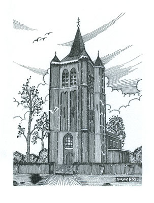 004 - 2013 - De oude Toren in Eindhoven II (2013) - pentekening oop 400 grams acrylpapier - H 29,8 x B 21,0 cm - zwarte inkt - particulier bezit