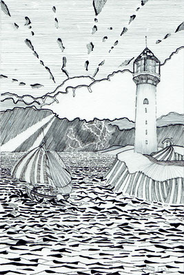 Vuurtoren en donkere luchten- pentekening op 400 grams acrylpapier - H 40 x B 30 cm 