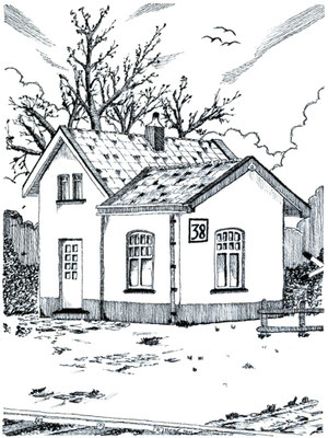 008 - 2012 - Spoorhuisje nr 38 aan de hagenkampweg in Gestel te Eindhoven (2012) - pentekening op 400 grams acrylpapier - H 21 x B 30 cm - zwarte inkt