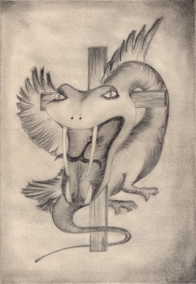 001 - 1976 - Draak en kruis (1976) - potloodtekening op 300 grams tekenpapier - H 46,0 X B 34,5 CM  - Potlood