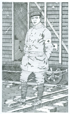 004 - 2014 - Rodekruissoldaat in WWI (2013) - illustatie voor het boek "het Eindhovens Bels lijntje" van "G. Strijards" - Tekening op 300 grams aquarelpapier - H 30,0 x B 18,8 cm - pen en potlood