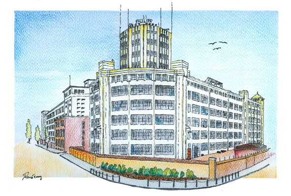 012 - 2009 - Philips Lichttoren anno 1970 (2009) - tekening op 300 grams Aquarelpapier - H 30 x B 40 cm - gemengde technieken