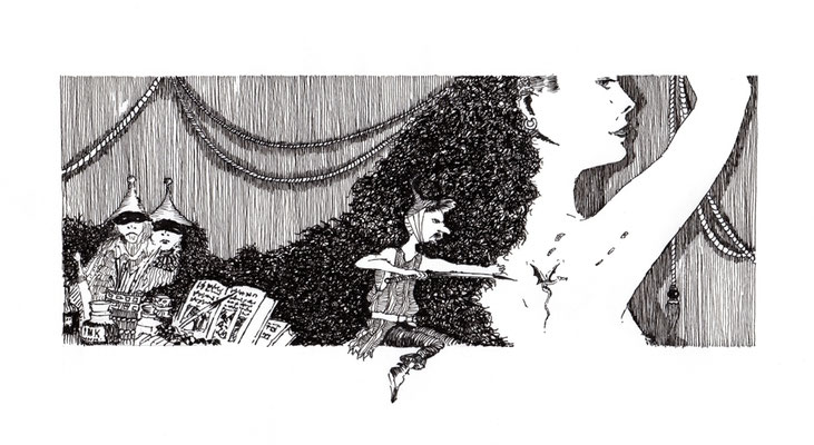 Portfolio        001 - 1990 - De kleine meester (1990) - pentekening op 250 gram tekenpapier - H 30 x B 40 cm - Zwarte inkt                                                                 Klik om te vergroten