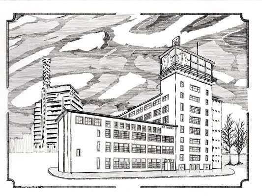 009 - 2019 - Het  Eindhovense Klokgebouw - Pentekening op 300 grams papier - H 30 X B 40 CM