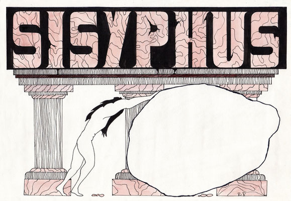 001 - 1975   Sisyphus (1975) - aquareltekening op 180 grams teken papier - H29,8 X B42,0 CM - Inkt en aqurelleverf