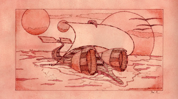 001 - 1981 - Zeilen bij zonsondergang I (1981) - aquareltekening op 280 grams teken papier - H 19 x B 34 CM  - Inkt en aqurelverf
