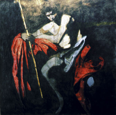 „Johannes der Täufer“, 2002, 1x1m Stahlblech, Transparentfarbe