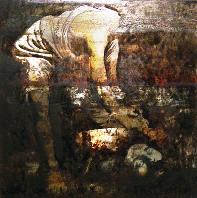 "David und Goliath", 2003, 1x1m Stahlblech geschliffen, Transparentarbe, Rost