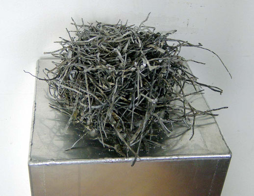 „nest“, ca. 30x30x10cm, Aluminiumdraht, Aluminiumspäne, Taubenkot, (von Tauben in einer Alu-Fabrikshalle hergestellt), ca. 2007