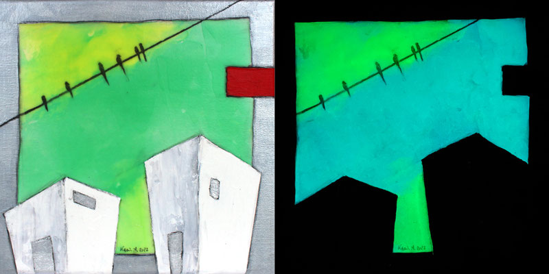 Karin Angerer | Die linke Bildhälfte zeigt das Bild bei Licht - Die rechte Bildhälfte zeigt die Leuchtkraft der flourescierenden Farbe im Dunkeln Illuminati (1) | 30 x 30 cm | Acrylic, fluorescent, aluminum (Schlag-Aluminium) on canvas | 2022 | b437