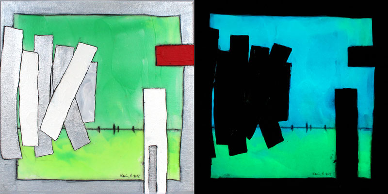 Karin Angerer | Die linke Bildhälfte zeigt das Bild bei Licht - Die rechte Bildhälfte zeigt die Leuchtkraft der flourescierenden Farbe im Dunkeln Illuminati (4) | 30 x 30 cm | Acrylic, fluorescent, aluminum (Schlag-Aluminium) on canvas | 2022 | b440