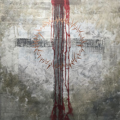 "Er ist dafür ermordet worden", Acryl/Mischtechnik auf Leinwand, 100x100 cm, 2019