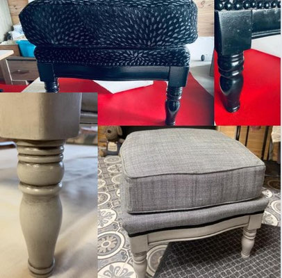 Avant/après restauration complète d'un pouf  -  Patine réalisée par l' Atelier 1619 Valognes