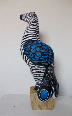 "Zebrapfau" Holzskulptur / wood sculpture, bemalt / painted, H 75 cm