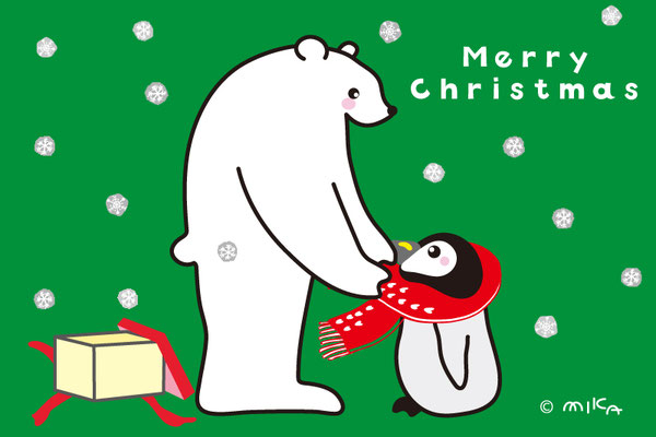 ペンギンにマフラーをかけるシロクマ（背景緑／２対３／クリスマス）