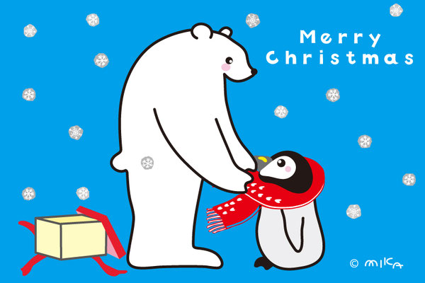 シロクマがペンギンにマフラーをプレゼント