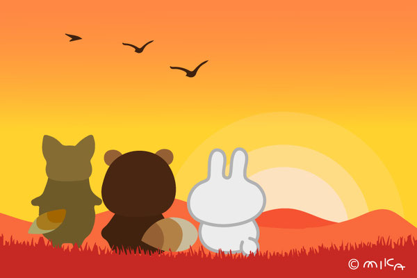 夕日を眺める動物たちのイラスト（３対２）