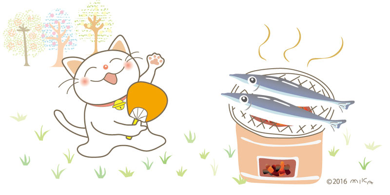サンマを焼く秋のネコ（背景白）