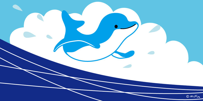 イルカのイラスト海に入道雲（横長）