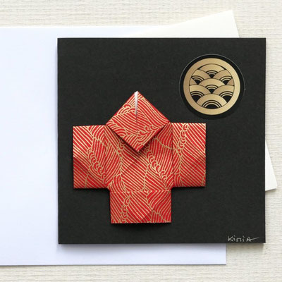 carte de voeux origami Yakko san rouge et or fond noir papiers japonais