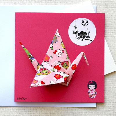 Carte de voeux la grue en origami papier japonais rose