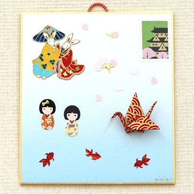 Collage papier japonais lapins, grue en origami, kokeshi