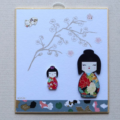 Collage papier japonais avec des kokeshi