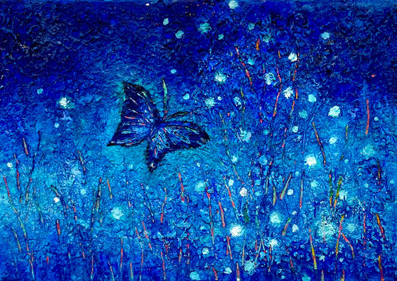 タイトル「青い蝶」 　15.0×21.0cm        キャンバスにアクリル、油彩