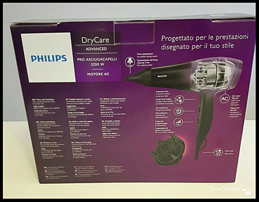 Immagine dietro scatola phon Philips che spiega le singole prestazioni