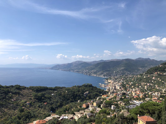 Blick auf die Bucht von Camogli, in der Ferne liegt Genua