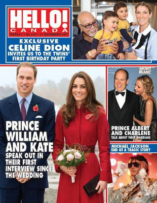 Prince William Windsor, Kate Middleton, Prince Albert, Princess Charlene of Monaco, Céline Dion, René Angelil, Michael Jackson - Couverture Hello! Magazine  [Canada] (21 Novembre 2011)
