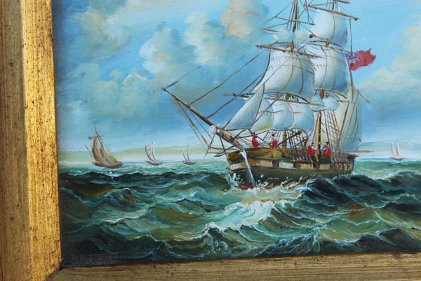 Antique Oil Painting Of A Seafaring Ship In Biggs Sons Frame