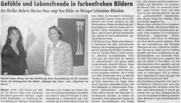 Gefühle und Lebensfreude in farbenfrohen Bildern, Rheingau Echo, 2004