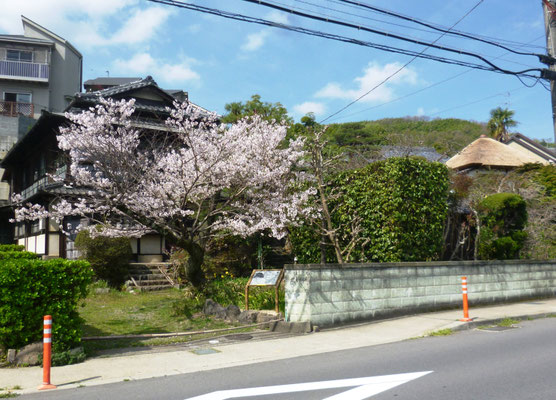 田村家住宅（長岡京市長法寺）。文化財の説明板があります。茶室「任無亭」の茅葺き屋根は丹波街道にふさわしい雰囲気。