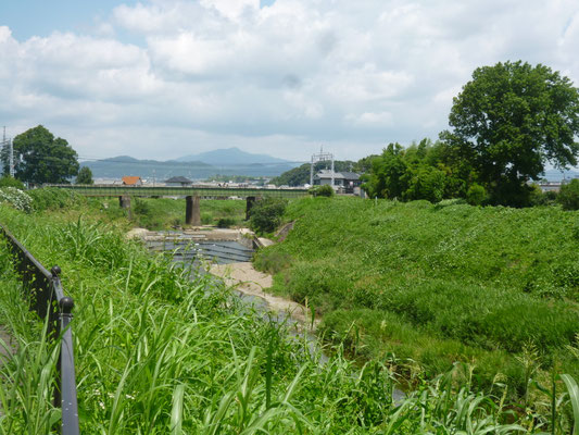 小畑川中流、今里橋付近(長岡京市)。向日丘陵の崖と愛宕山がみえる。