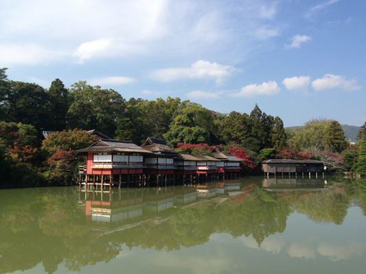 錦を背に、土壁の朱色が水面に映る。