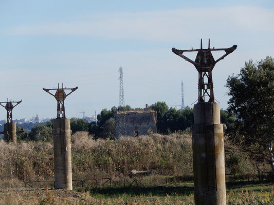 I piloni della vecchia teleferica del sale e sullo sfondo la Torre dell'Ofanto del 1568