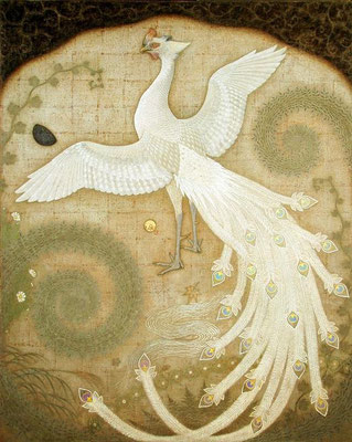 2007年11月23日 「秋鳳図」・100F パネル・キャンバス・アクリル。  「コンテンポラリーアートフェア2007」（東京美術倶楽部）出品作。 時が経つと枯れる草花、欠ける月。 不死鳥である鳳凰は、永遠不変の姿を保つ。