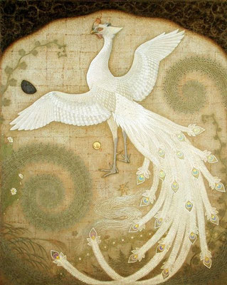 2007年11月23日 「秋鳳図」・100F パネル・キャンバス・アクリル。  「コンテンポラリーアートフェア2007」（東京美術倶楽部）出品作。 時が経つと枯れる草花、欠ける月。 不死鳥である鳳凰は、永遠不変の姿を保つ。