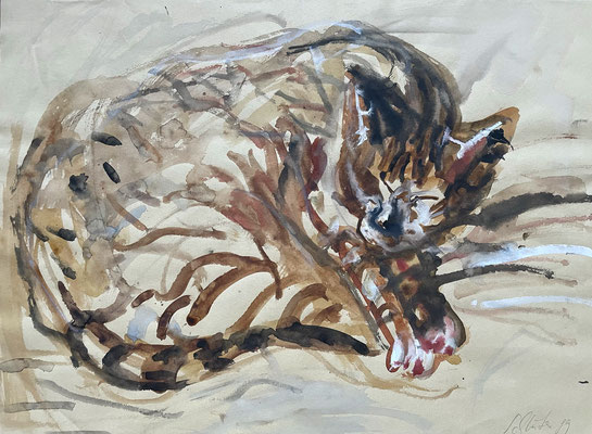 Wolfgang Schlüter "Katze" (1989) Aquarell auf Papier, 40x30 cm. Bildrechte mit freundlicher Genehmigung Gisela Schlüter