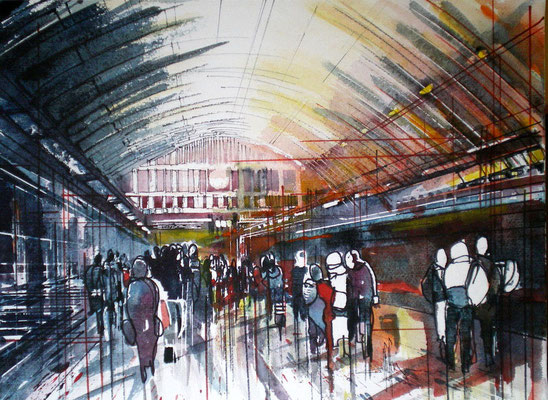 192 Trains, quais et gares 04 - Aquarelle sur châssis 46 x 61