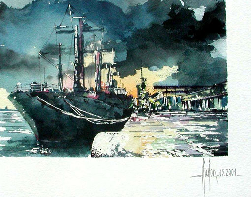 24 Cargo au Havre - 2000 - Aquarelle 30 x 40