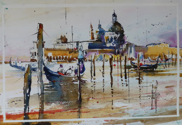 329 Les pigeons du grand canal. Aquarelle 35.5 x 51. 2015