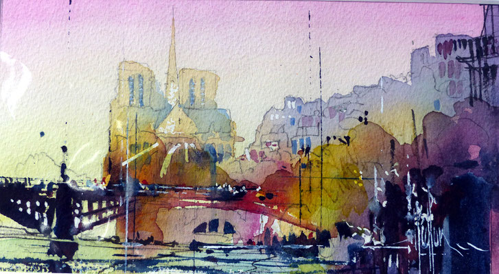 419 Paris Les ponts IV Aquarelle 12 x 22 - 20 x 30